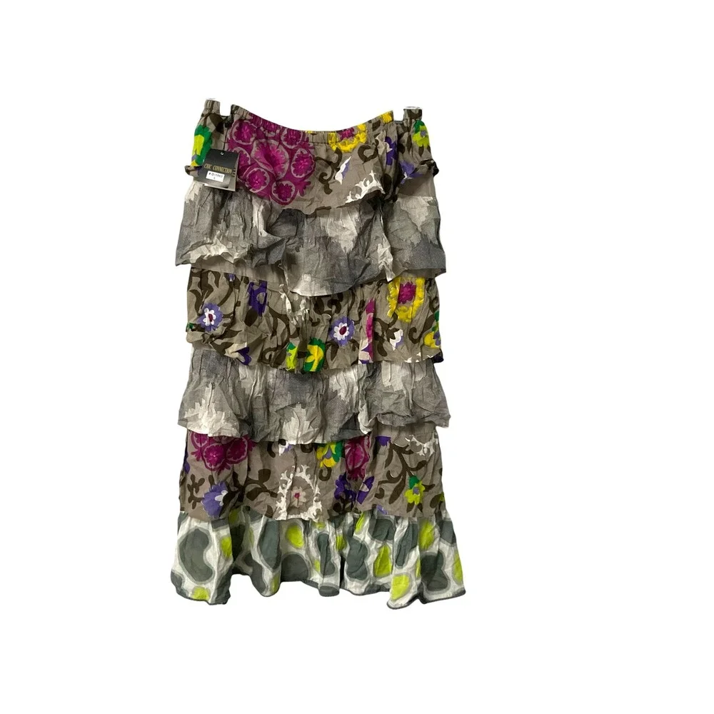 Chic Connection Womens Tiered Maxi‎ Skirt L Floral Boho Ruffle Pockets Handmade